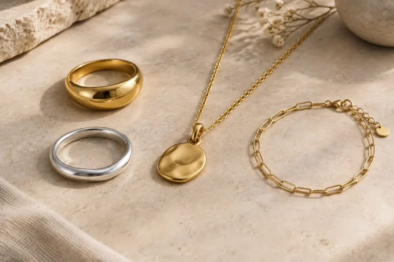 Missoma Metal Guide: 18K Gold Vermeil, Gold Plating, Sterling Silver, and Solid Gold Explained A close-up arrangement of different jewelry metals on a neutral surface helps readers compare solid gold, vermeil, sterling silver, and plated finishes in Missoma's metal hierarchy.