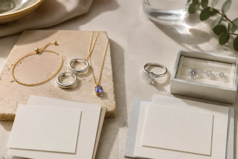 Non-branded everyday jewelry and a diamond ring arranged with blank sourcing papers to represent traceability comparison.