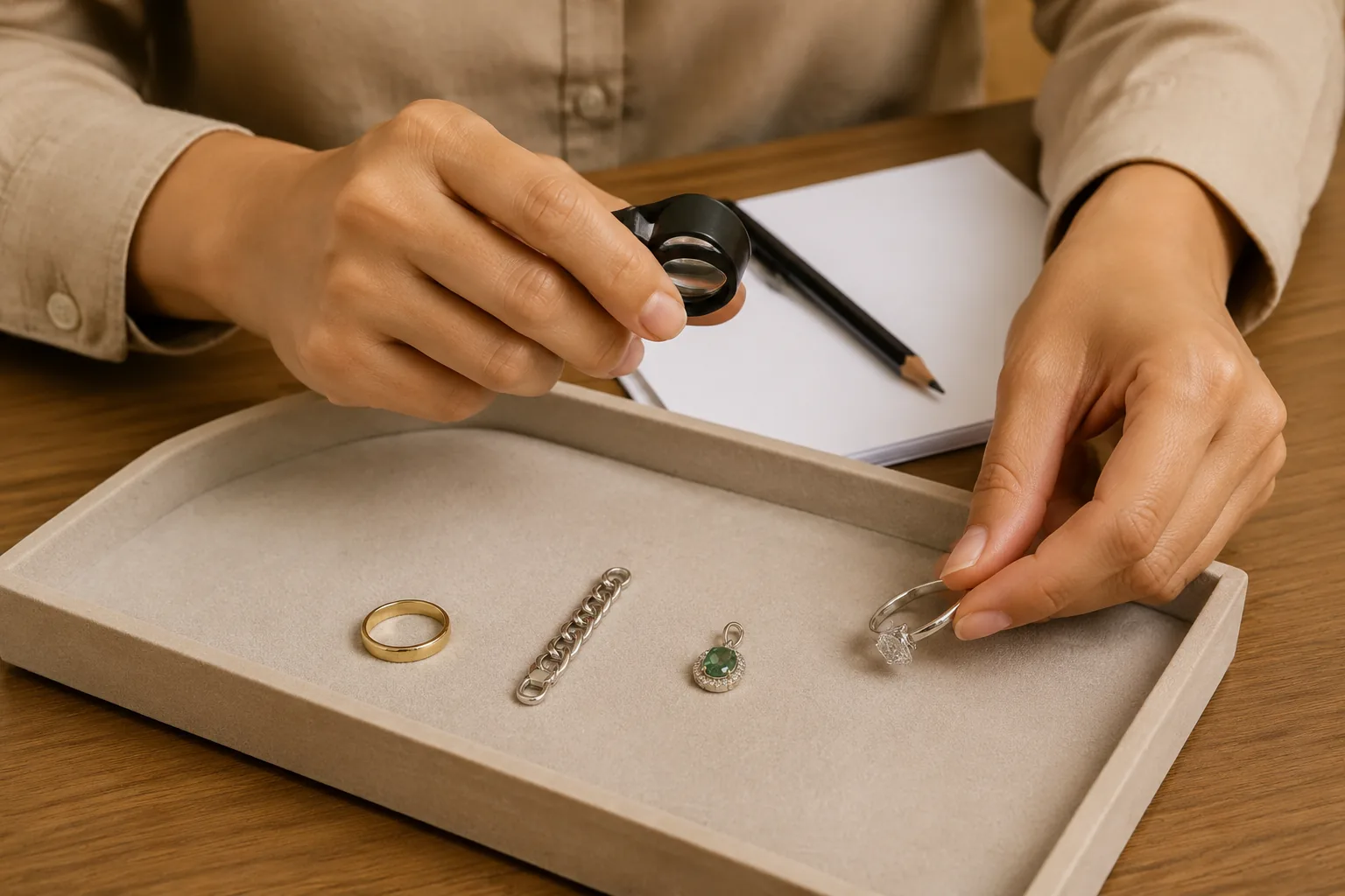 Hands reviewing non-branded jewelry pieces and blank notes to show the limits of traceability claims.