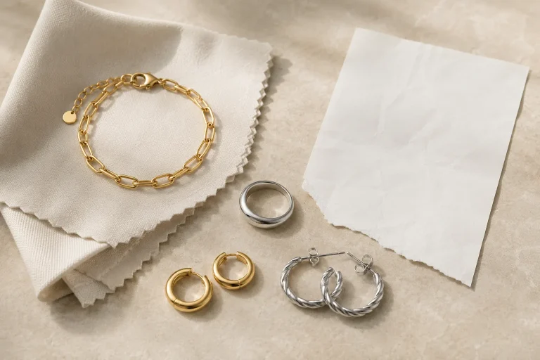 Monica Vinader vs Missoma: Which Warranty and Aftercare Policy Fits Everyday Jewelry Buyers? Non-branded everyday jewelry pieces arranged with a care cloth for an article about warranty and aftercare policies.