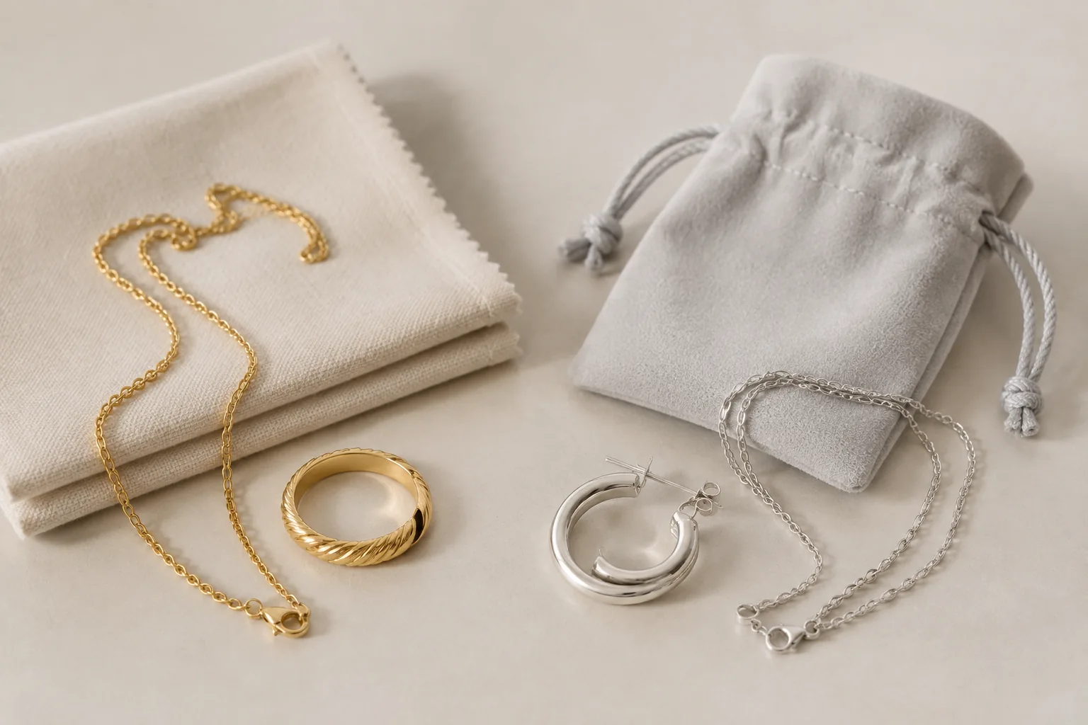 Two groups of non-branded everyday jewelry arranged as a neutral visual comparison of aftercare policy choices.