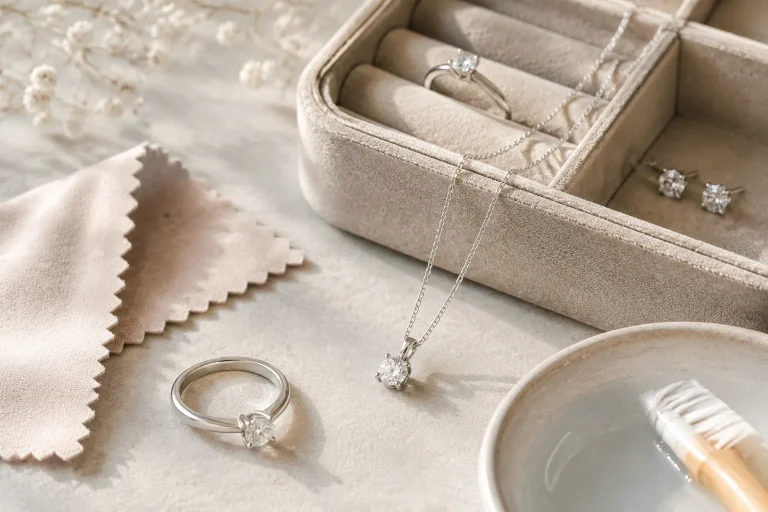 Pandora Lab-Grown Diamond Jewelry Care: What Owners Need to Know After Purchase A non-branded silver-toned lab-grown diamond ring and necklace are shown beside a polishing cloth and separate storage, illustrating gentle after-purchase care habits for Pandora-style lab-grown diamond jewelry.