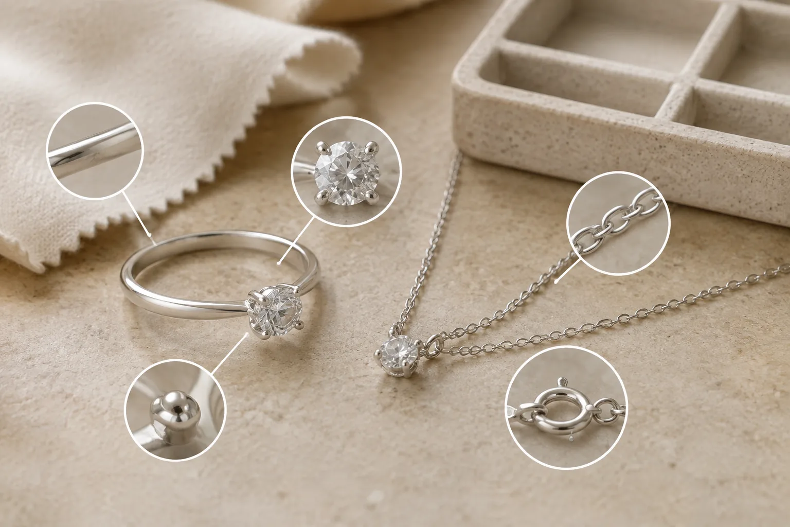 A close-up of a non-branded silver-toned lab-grown diamond ring, chain links, prongs, and clasp shows why owners need to care for the whole jewelry construction rather than only the diamond.