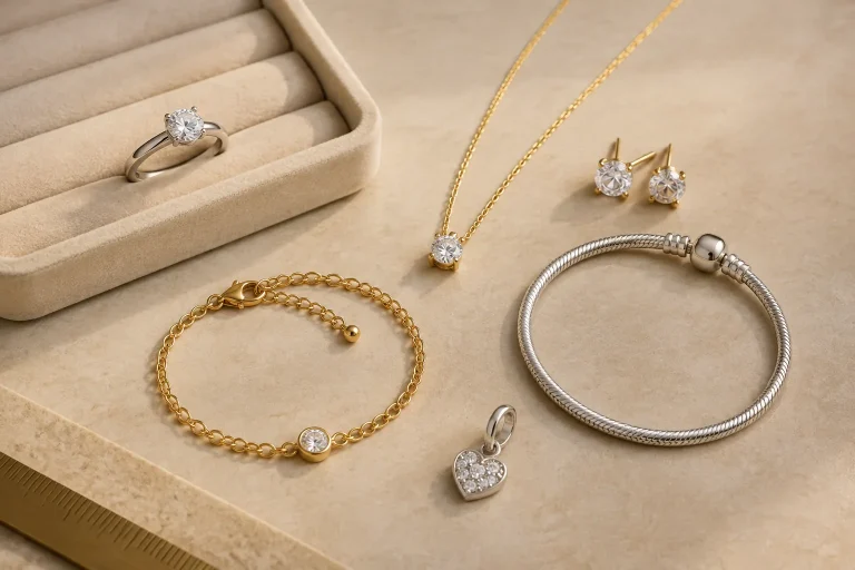 Pandora Lab-Grown Diamonds as Gifts: Charms, Bracelets, Rings, and Entry Points A generic ring, bracelet, necklace, earrings, and charm arranged for comparison, helping gift buyers weigh jewelry category, sizing uncertainty, and recipient preferences.
