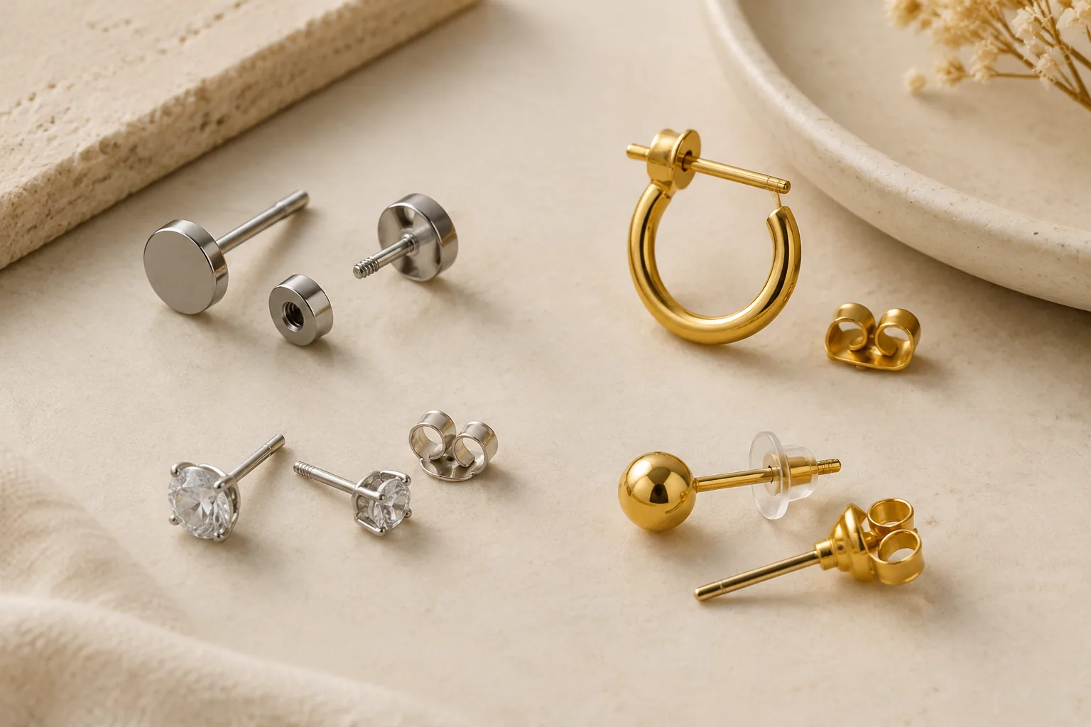 A still life compares flat-back posts, backings, hoops, and plated earrings to show why buyers should check the parts that touch skin.