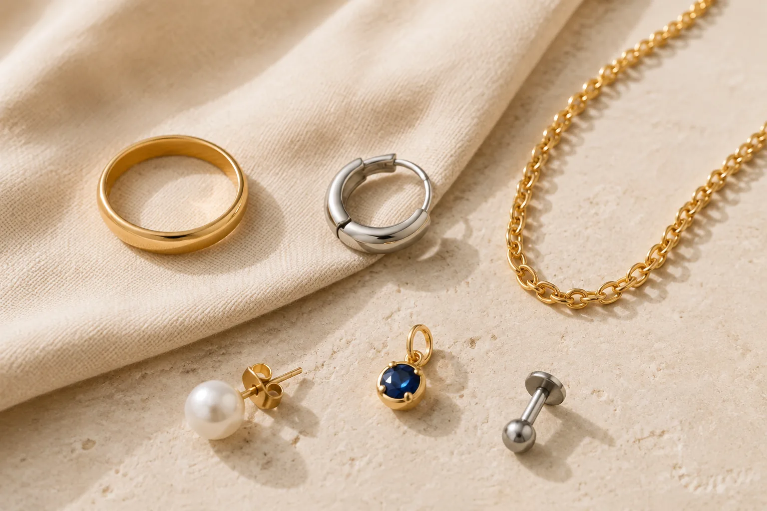 A grouped flat lay of gold-tone, silver-tone, plated-looking, pearl, gemstone, and piercing-style jewelry illustrates the mixed-material buying decisions discussed in the Astrid & Miyu review.
