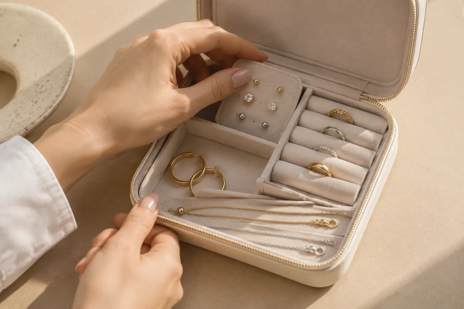 Adult hands place rings in slots, earrings in paired sections, hoops in a padded compartment, and necklaces in separate long channels, showing storage matched to each jewelry shape.