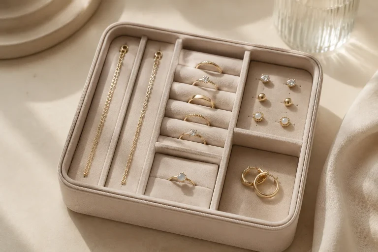 How to Store Jewelry So Chains, Rings, and Earrings Do Not Scratch Each Other A soft-lined compartmentalized jewelry organizer keeps fine chains, rings, stud earrings, hoops, and a delicate stone ring in separate spaces to illustrate scratch and tangle reduction.