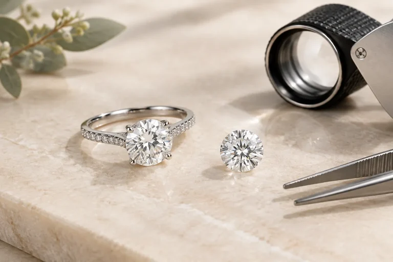 Pandora vs Brilliant Earth: How They Explain Lab-Grown Diamonds An unbranded diamond ring and loose gemstone beside a loupe and measuring tool illustrate how buyers can compare lab-grown diamond claims with product-level details.